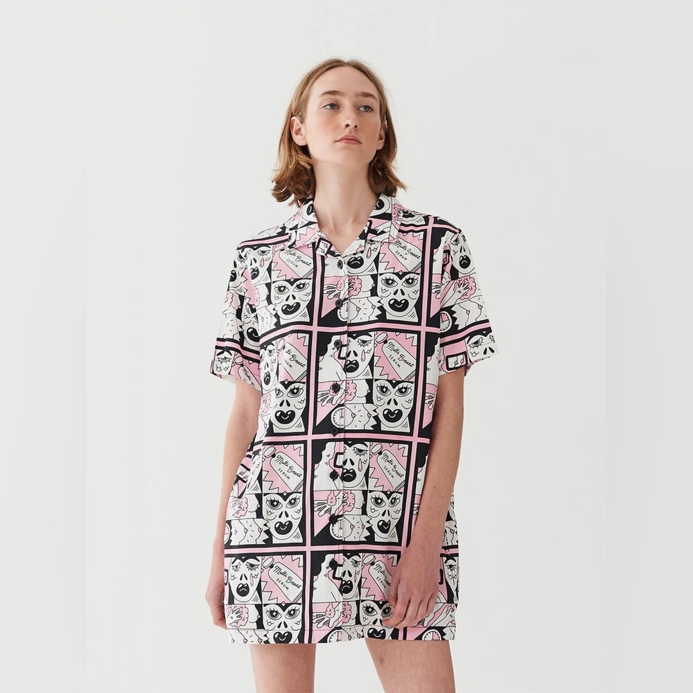 Pink Graphic Short Sleeve Shirt Dress